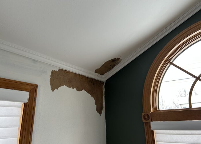 water damaged drywall on wall and ceiling