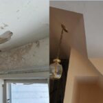 water damaged plaster before and after repair and painting