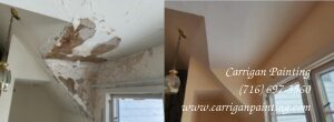 water damaged plaster before and after repair and painting