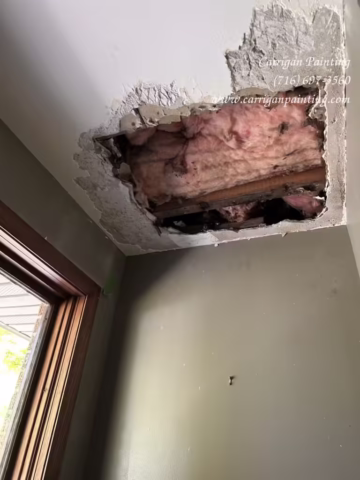 water damage plaster ceiling repair in progress, caused by a roof leak in Tonawanda NY