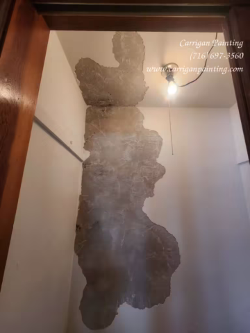 A wall in a closet with the finish coat of plaster partially removed due to water damage.