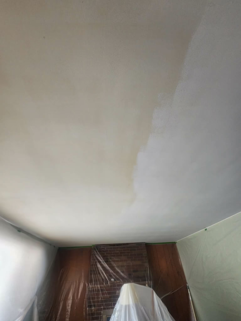 Partially primed badly stained living room ceiling