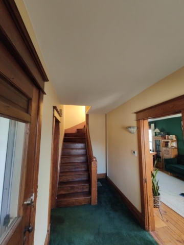 a hallway with stairs and green carpet