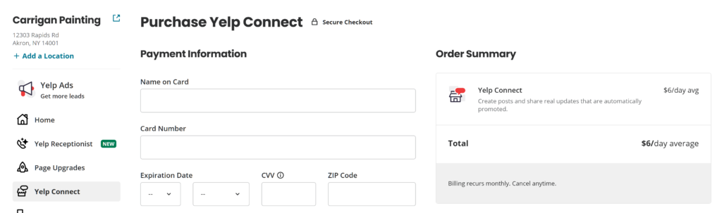 screen shot of the cost of the blog feed upgrade