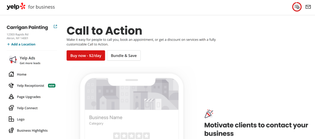 screen shot of the cost of the Call to Action upgrade