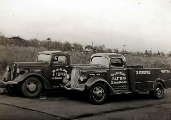 Carrigan family plastering work trucks in Buffalo New York circa 1930