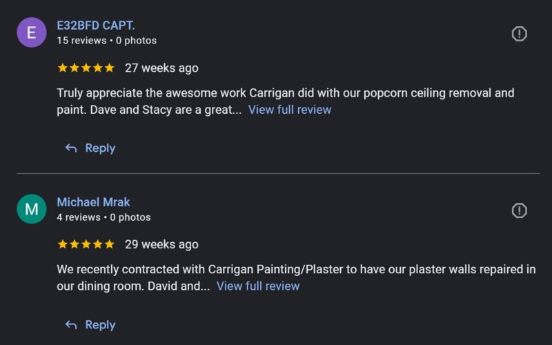 Carrigan Painting's Google Reviews
