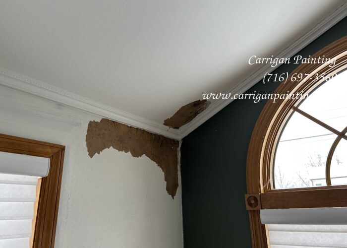 water damaged drywall on wall and ceiling