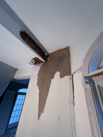 water damage drywall due to roof leak