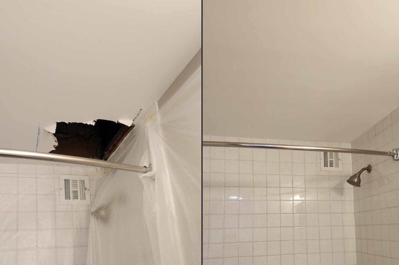 Bathroom ceiling repair and painting in the Williamsville Towers Condominiums.