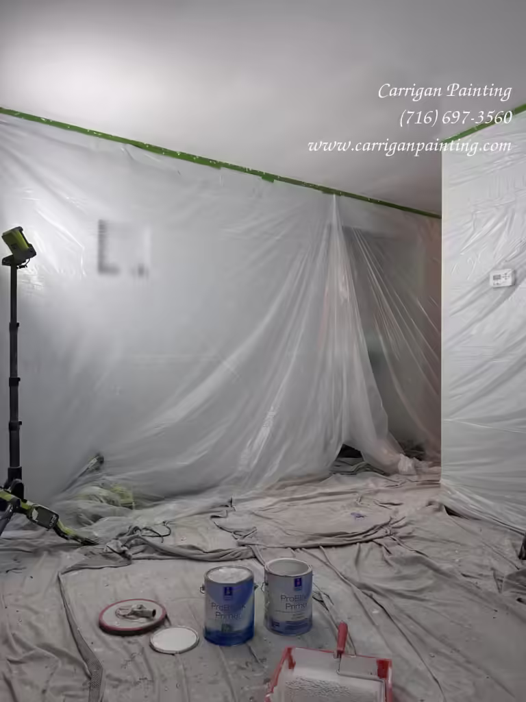 Applying oil base primer to skim coated ceiling in Cheektowaga NY 14225