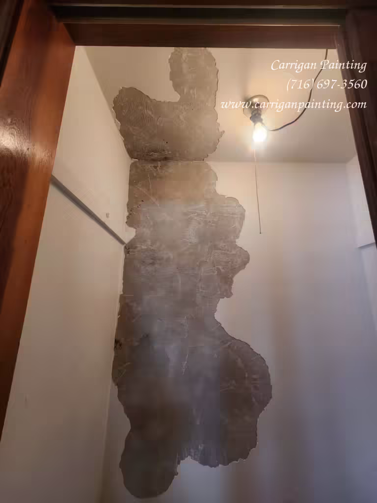 A wall in a closet with the  finish coat of plaster partially removed due to water damage.