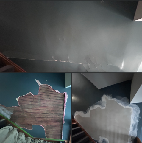 plaster bulge collage, before repair, during repair, after repair