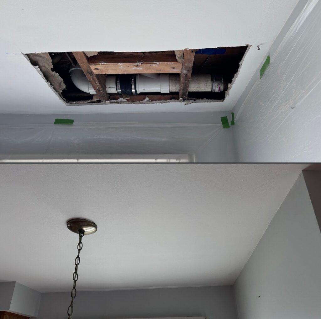 Kitchen ceiling drywall ceiling repair before and after in Williamsville NY 14221