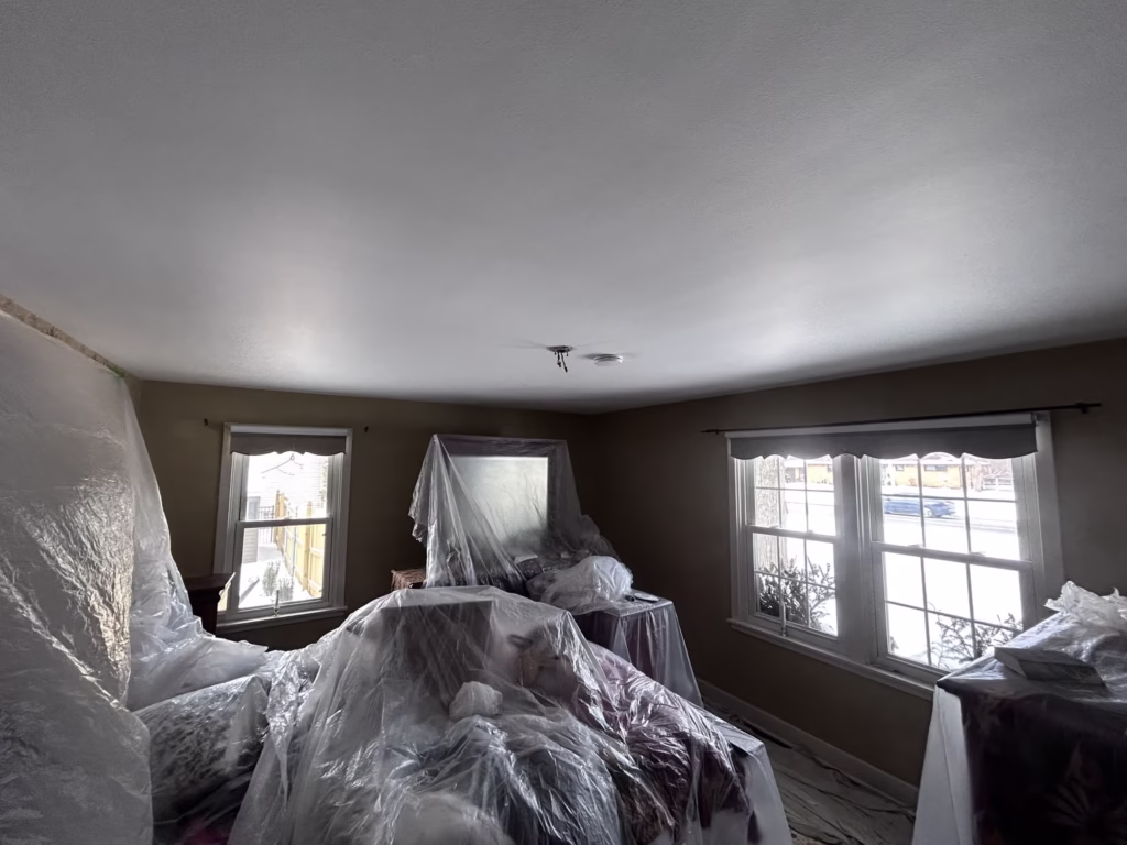 painting walls and ceiling in bedroom - first coat of paint.