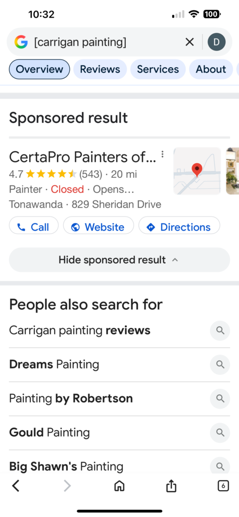 Screenshots from Google searches for “[carrigan painting]” (exact match) conducted in March 2026, showing sponsored results from other companies above our organic listing.