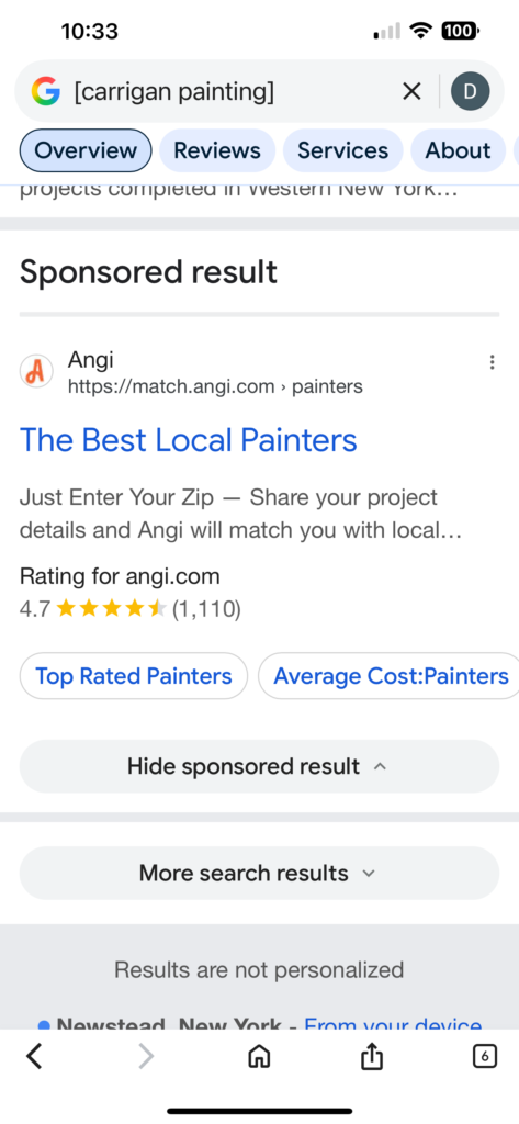 Screenshots from Google searches for “[carrigan painting]” (exact match) conducted in March 2026, showing sponsored results from other companies above our organic listing.