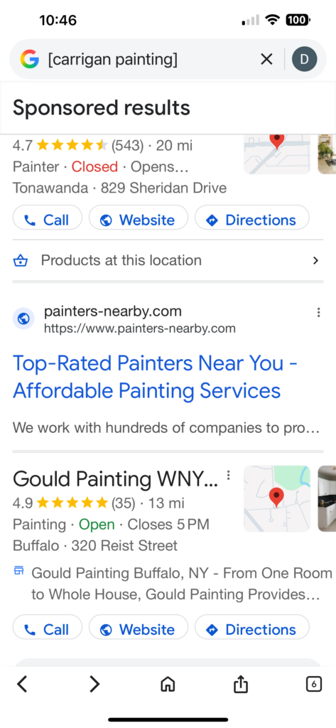Screenshots from Google searches for “[carrigan painting]” (exact match) conducted in March 2026, showing sponsored results from other companies above our organic listing.