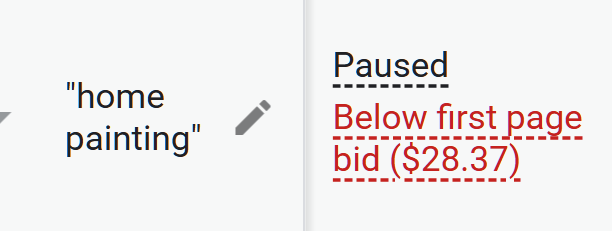 Screenshot from Google Ads, March 2026: Reported cost per click for select painting-related keywords in Western New York. 
