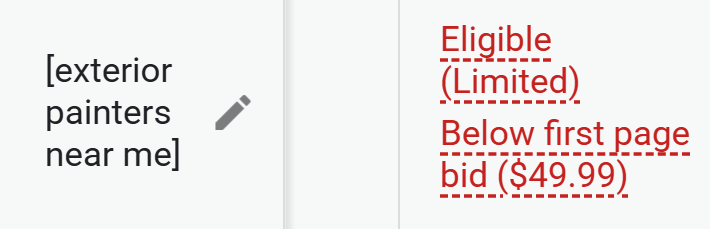 Screenshot from Google Ads, March 2026: Reported cost per click for select painting-related keywords in Western New York.  $49.99