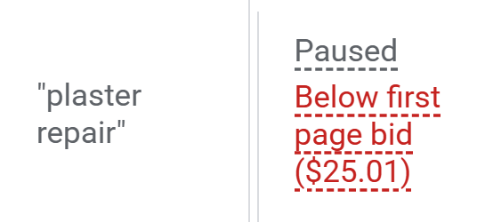 Screenshot of a keyword cost of $25.01