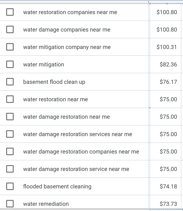 Screenshot from Google Ads, March 2026: Reported cost per click for select painting-related keywords in Western New York. 
