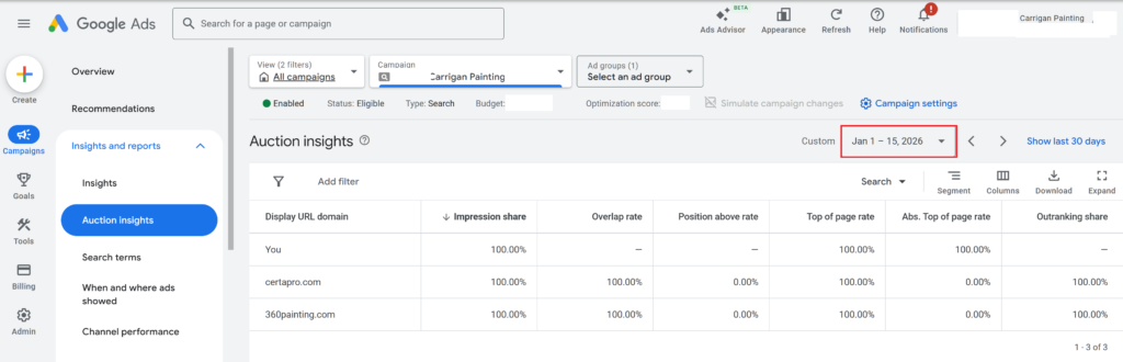 Screenshot of the competitors who are bidding on the Carrigan Painting branded keyword