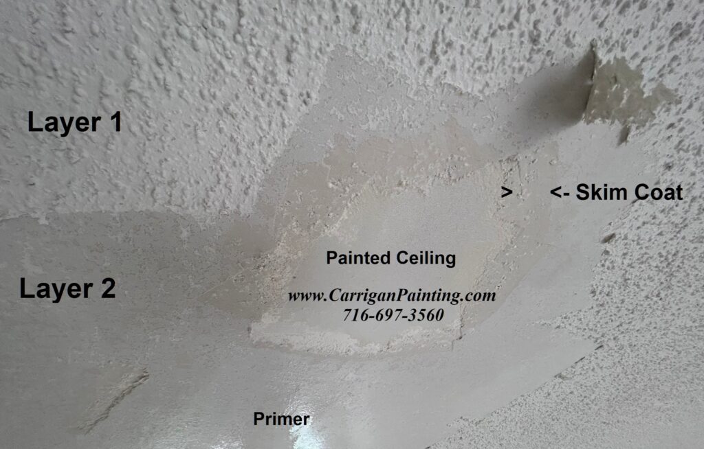 Showing 2 distinct layers of popcorn ceiling texture with original painted ceiling.